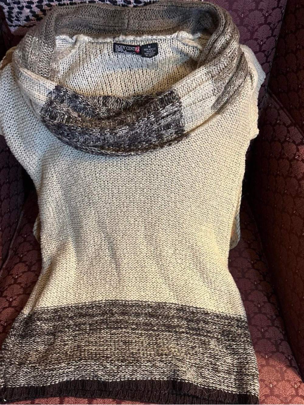 Body Central Women's Cream and Brown short sleeve Cowl Neck Sweater